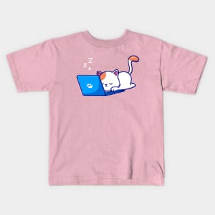 Cute Cat Sleeping And Working On Laptop Kids T-Shirt